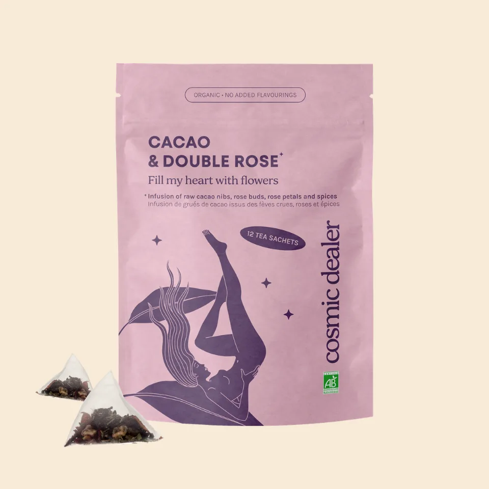 Růžovofialové balení Cosmic Dealer Cacao & Double Rose Infusion