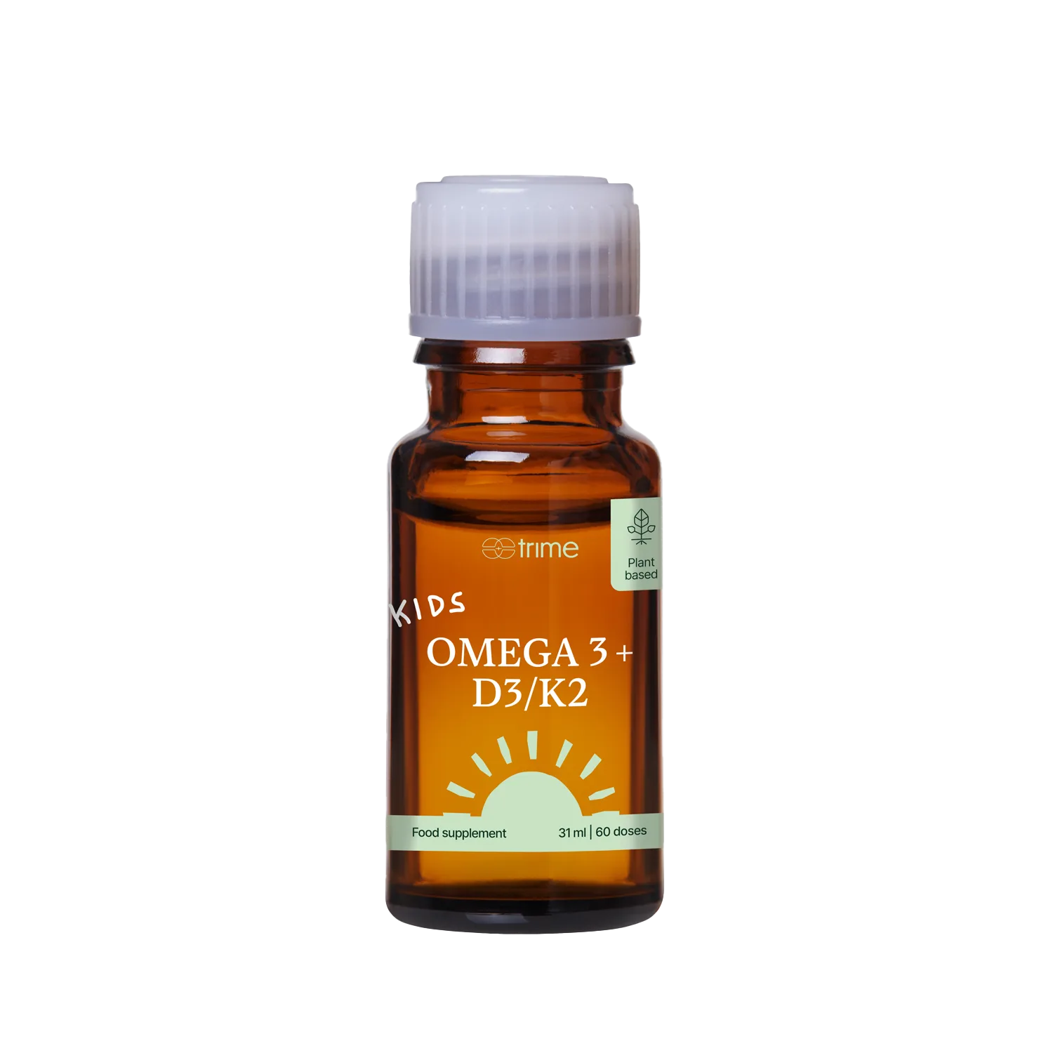 Kids Omega 3 + D3/K2 bez příchuti v 31ml lahvičce na bílém pozadí