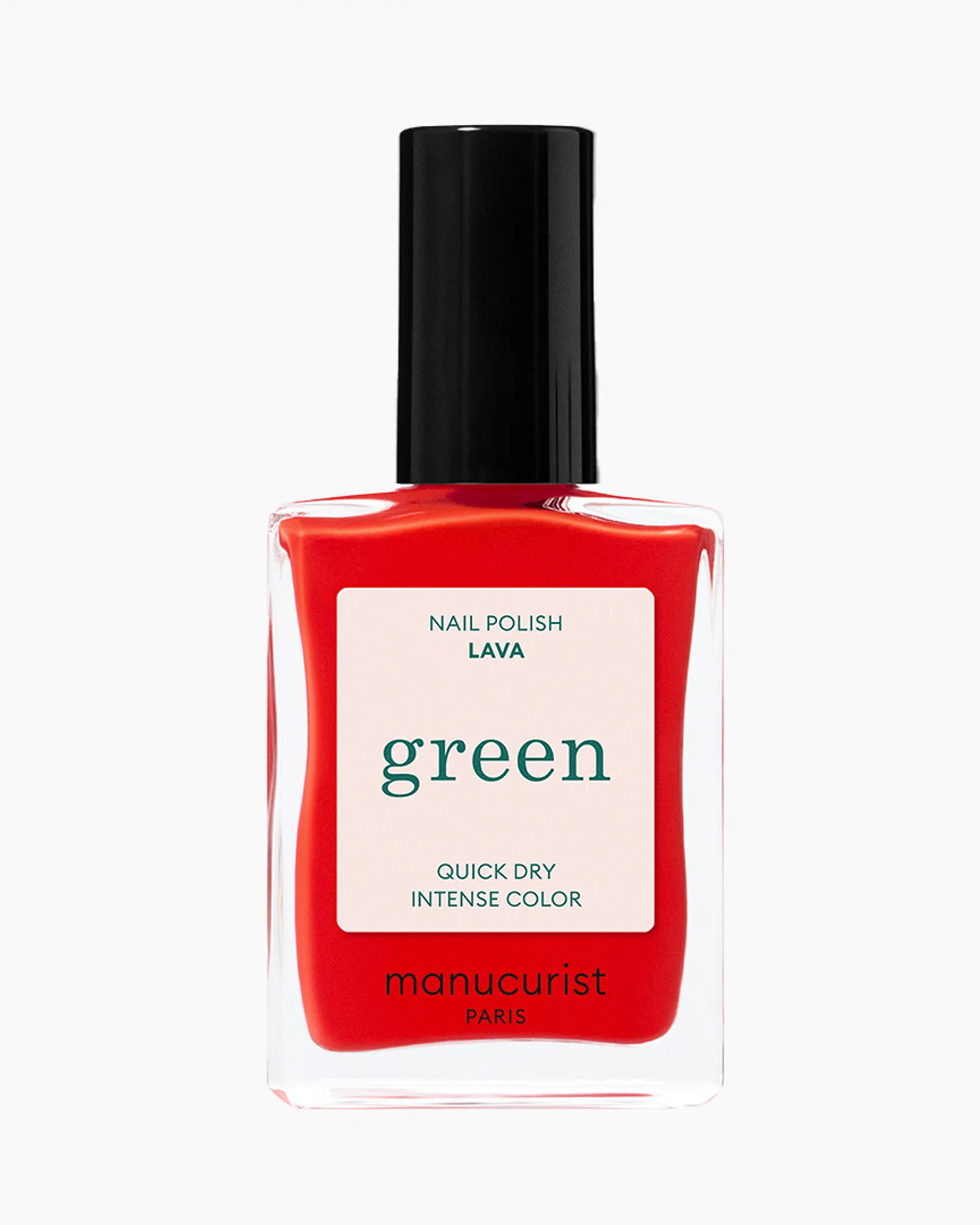 Green™ lak na nehty Lava – lahvička červeného laku na bílém pozadí