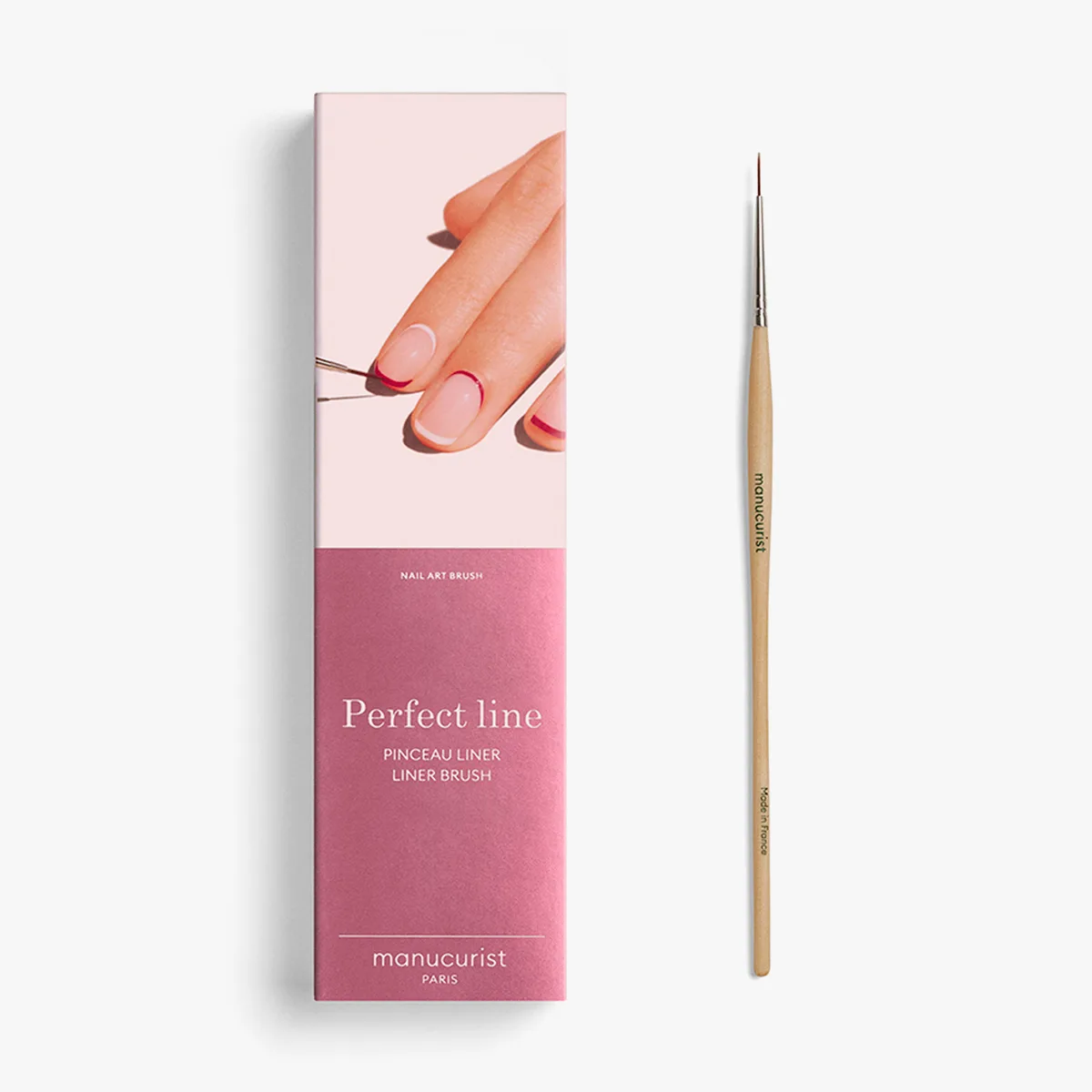 Štětec Nail Art Liner Brush vedle růžové krabičky Perfect line
