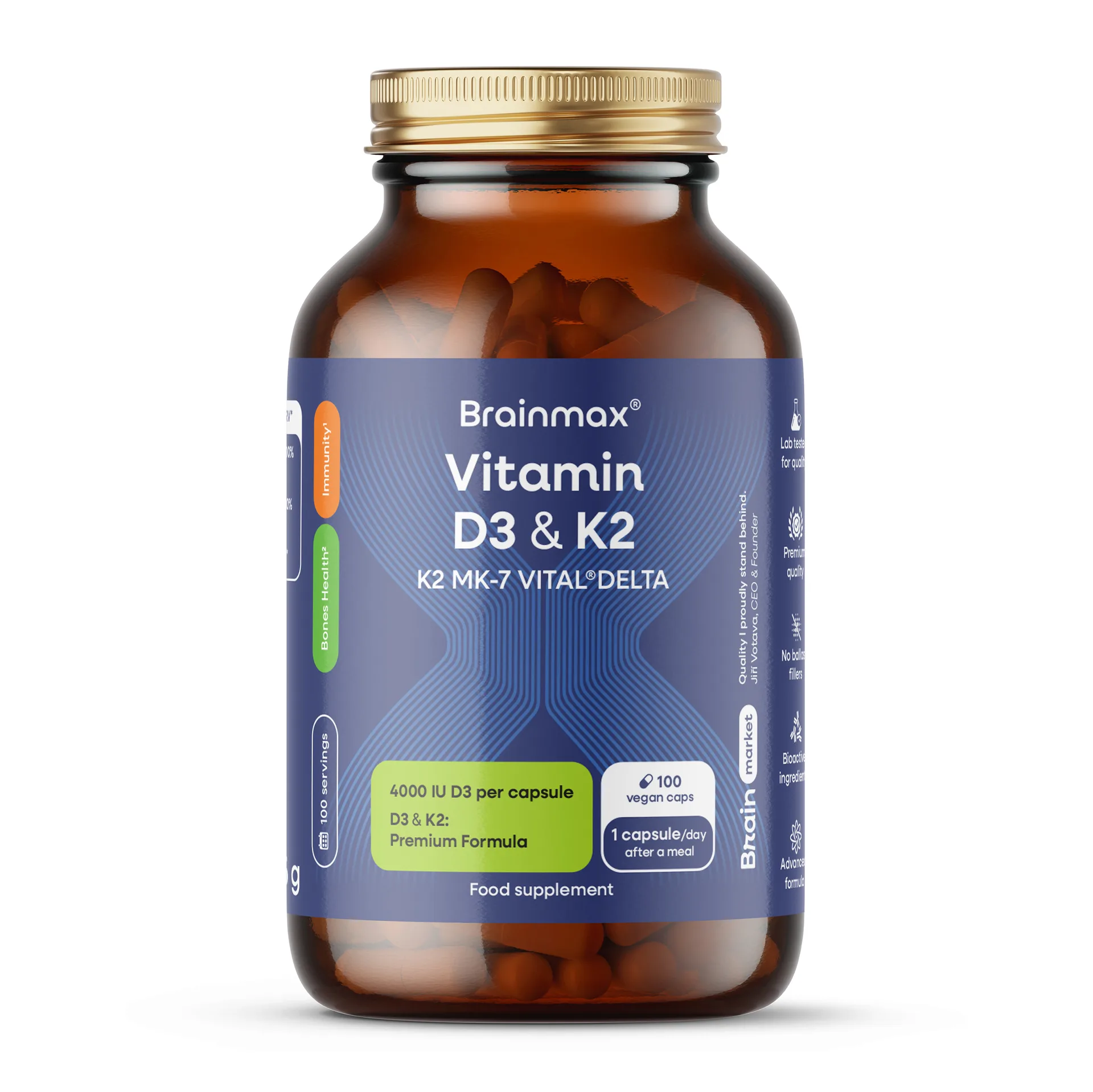 BrainMax Vitamin D3 & K2 v novém obalu – 100 rostlinných kapslí, 4000 IU vitamínu D3 v jedné kapsli
